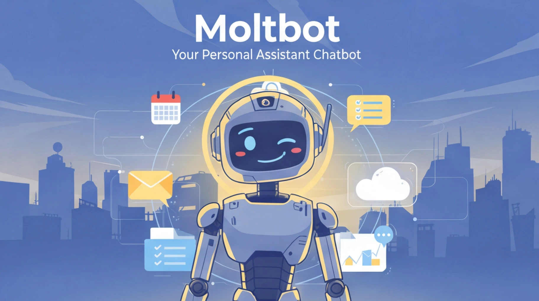 Beitragsbild Moltbot mit Foto vom Bot und 6 Anwendungsfall Icons