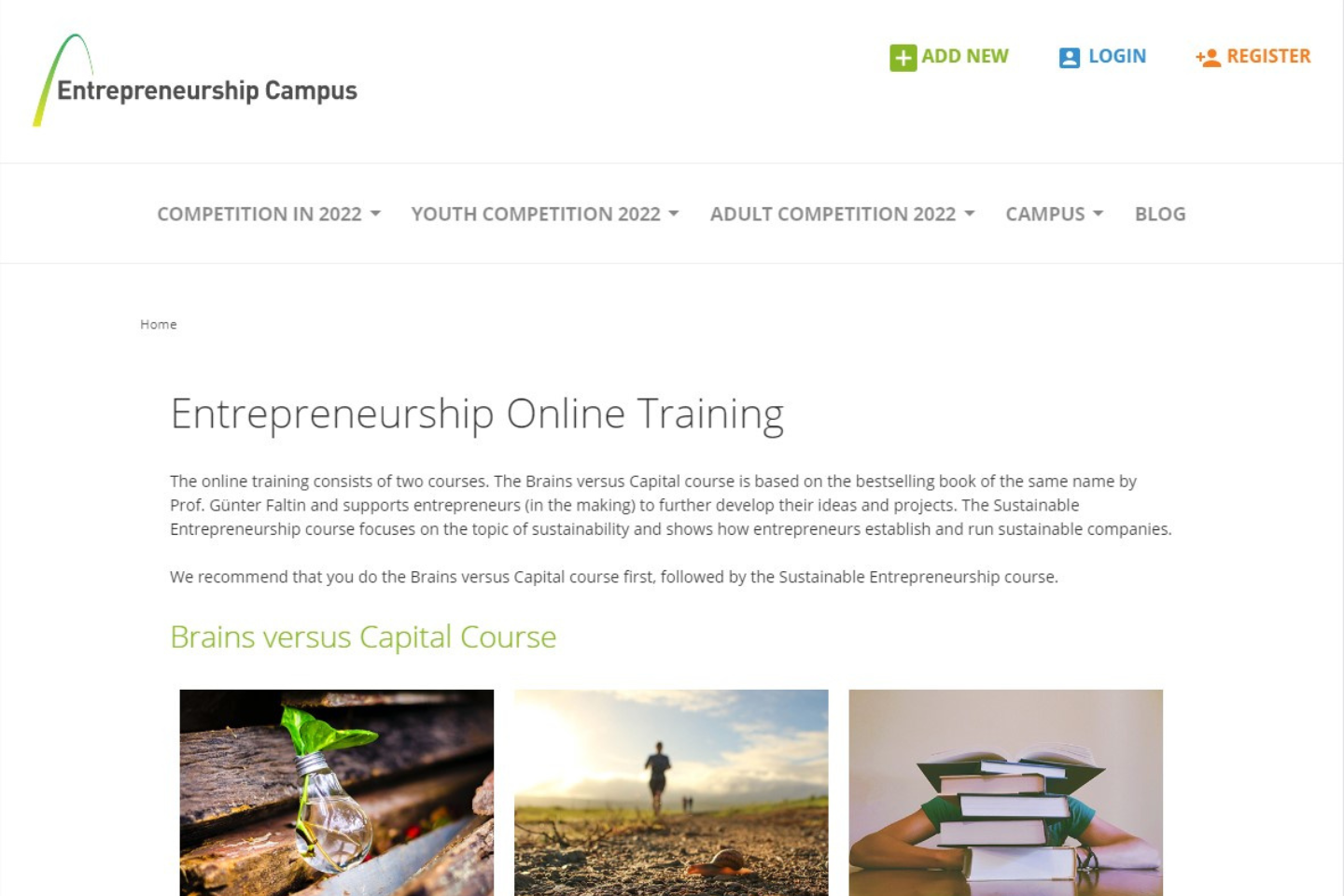 Startseite der Lernplattform Entrepreneurship Campus.