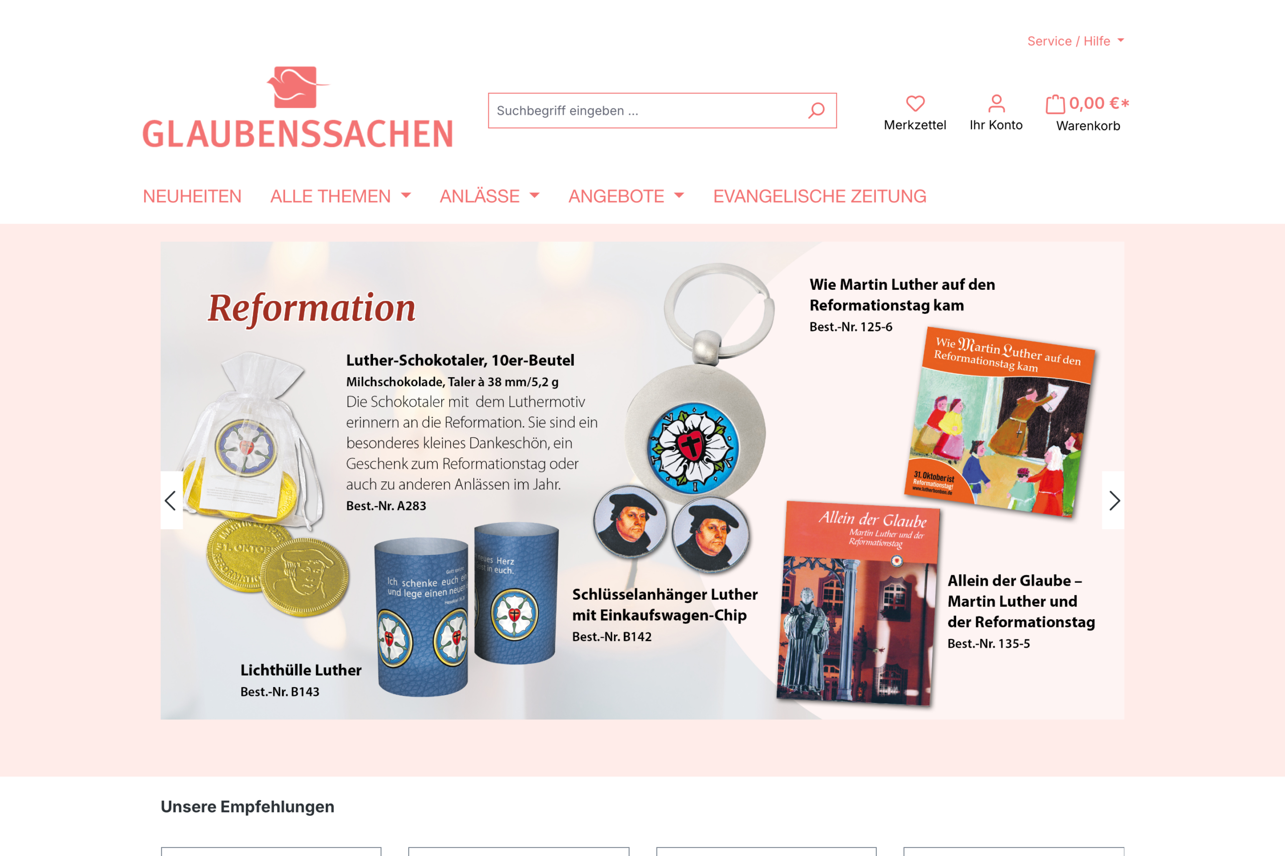 Startseite des Online-Shops Glaubenssachen.