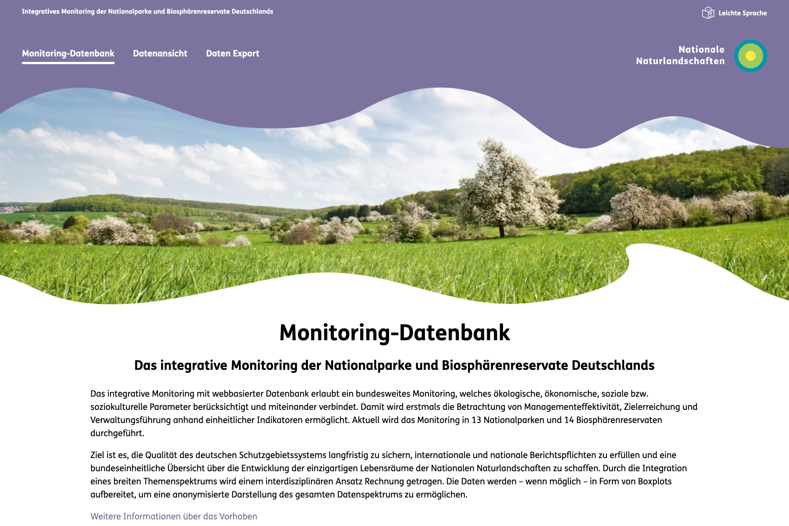 Startseite der Monitoring-Datenbank der Nationalparke und Biosphärenreservate Deutschlands.