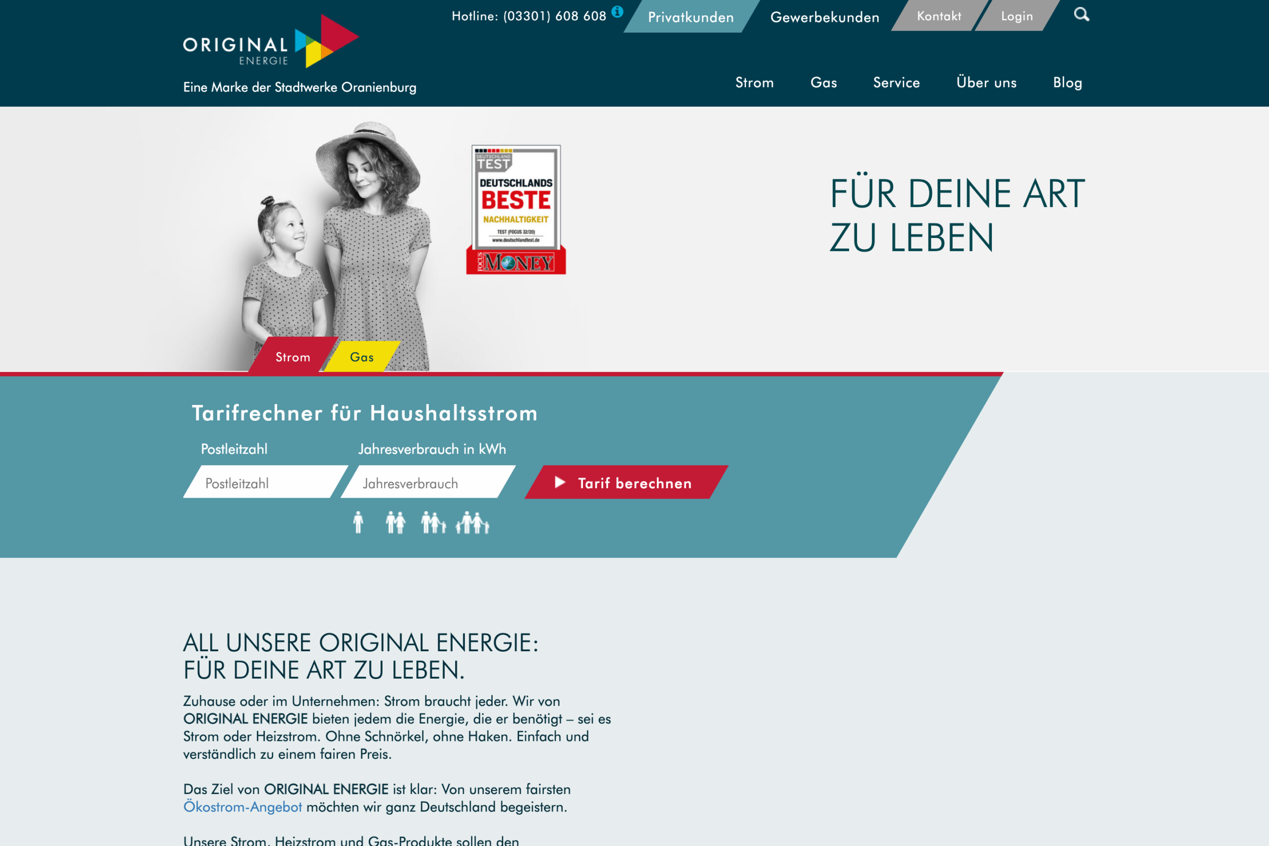 Startseite von Original Energie, einer Marke der Stadtwerke Oranienburg, Stand 2022.
