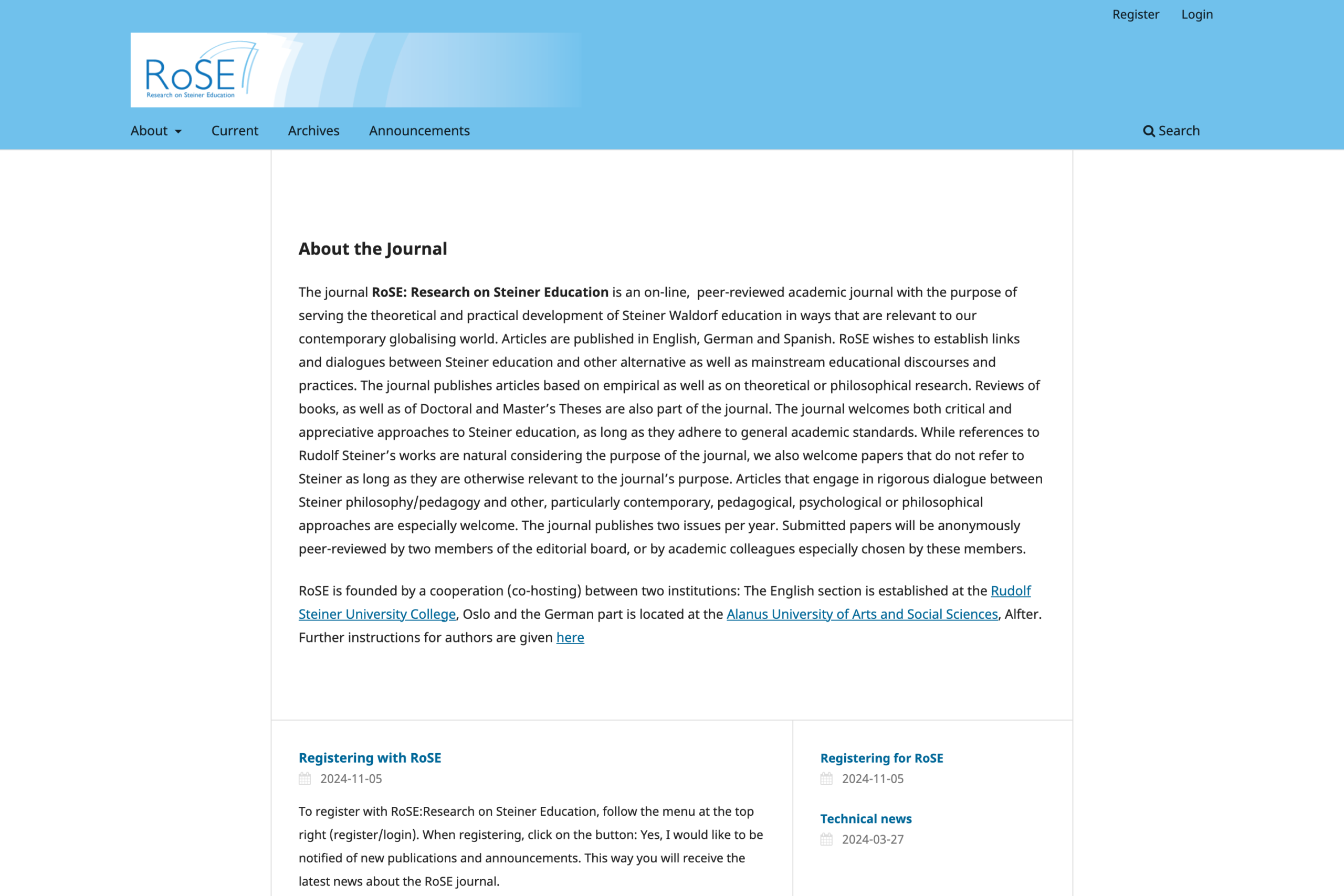 Startseite des Online-Fachjournals RoSE: Research on Steiner Education.