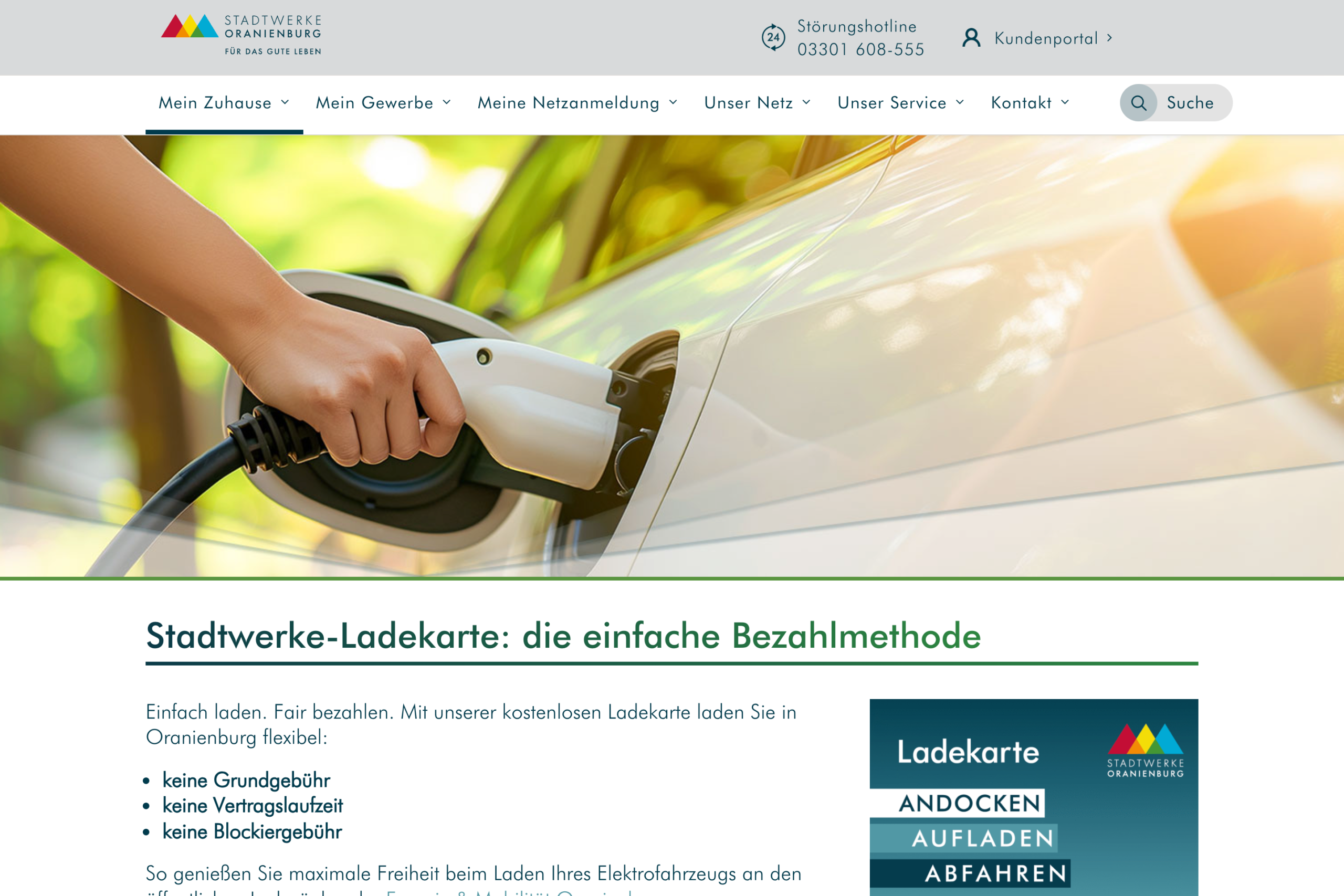 Startseite der Website der Stadtwerke Oranienburg nach dem Relaunch.